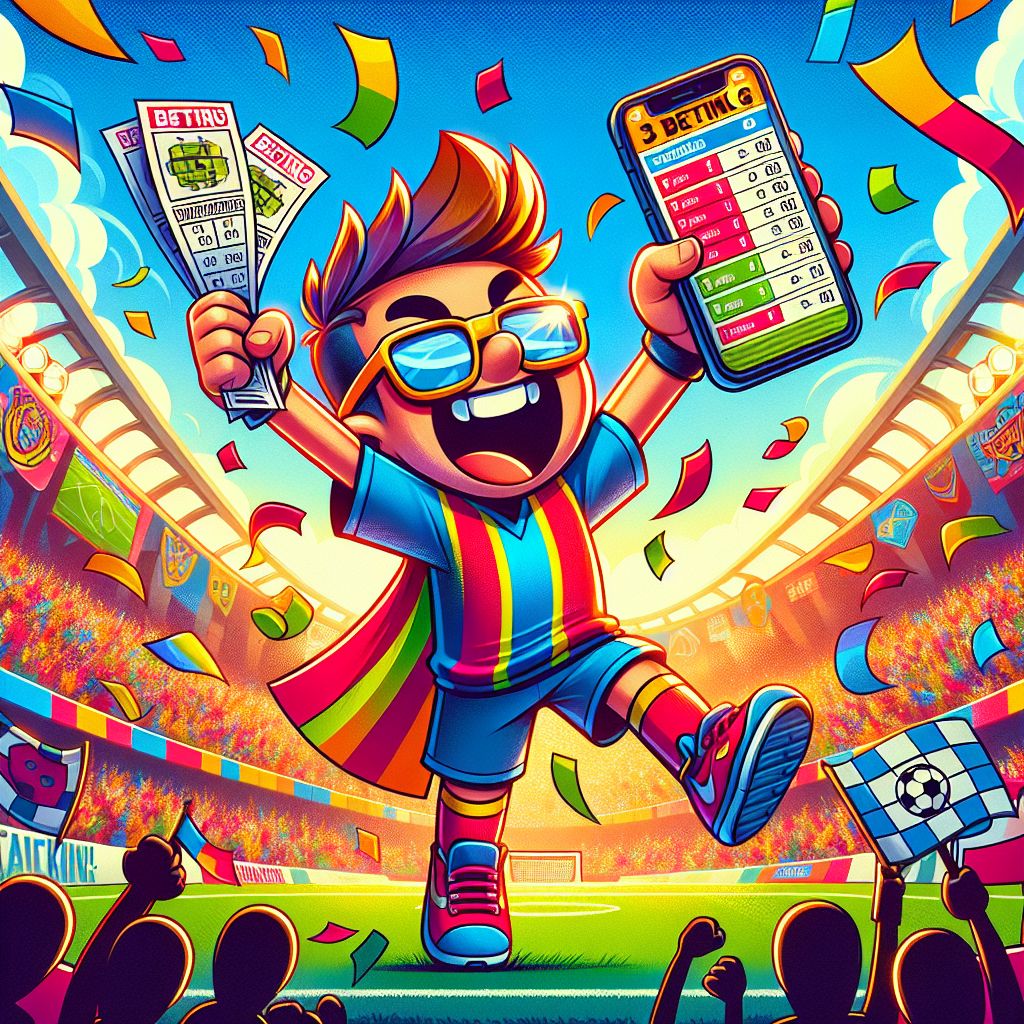 lk444 Bet cartoon character cheering for sports team with winning tickets