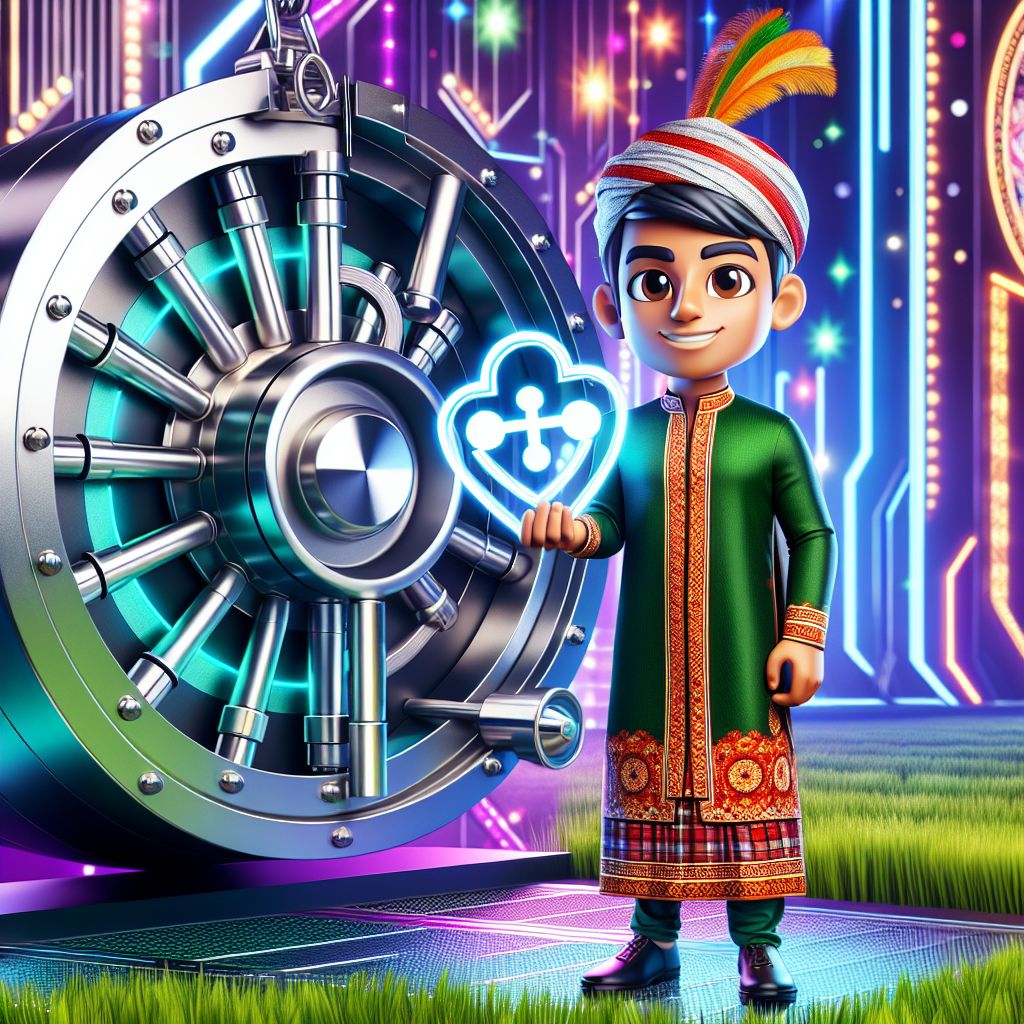 একটি কার্টুন চরিত্র একটি নিরাপদ চাবি ধরে lk444 লগইন স্ক্রিন